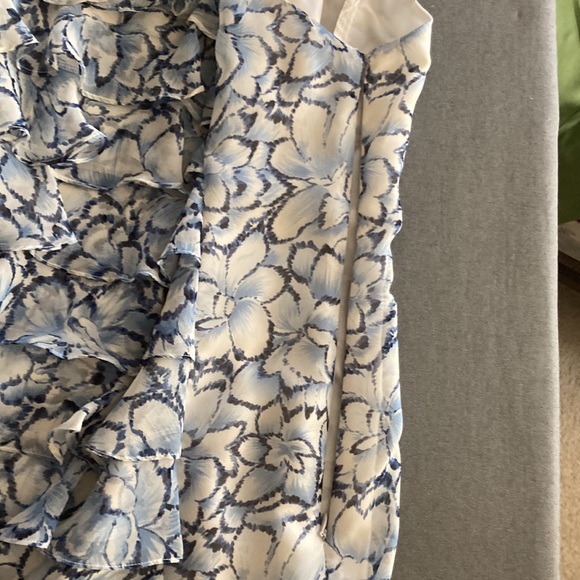 Adrianna Papell blue & cream floral front ruffled lined sleeveless dress size 14 - Picture 6 of 9